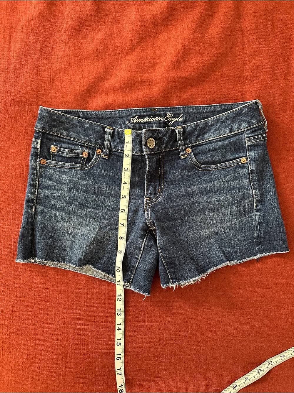 American Eagle Outfitters Dark Blue Denim Low Rise Cutoff Shorts - Picture 3 of 7